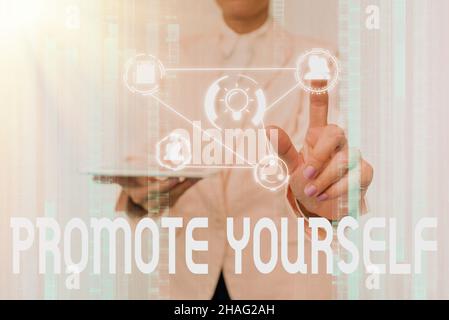 Handwriting text Promote Yourself. Word Written on market and introduce to others Improvement Encourage Lady In Uniform Touching And Using Futuristic Stock Photo