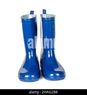 Blue rubber boots in front isolated on white background. Stock Photo
