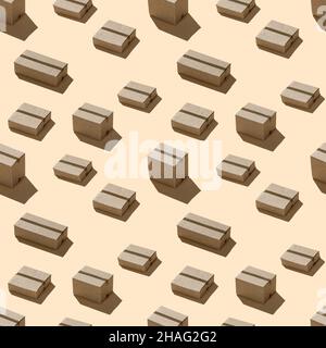 Cardboard boxes hard shadows geometric seamless pattern on brown background. Stock Photo