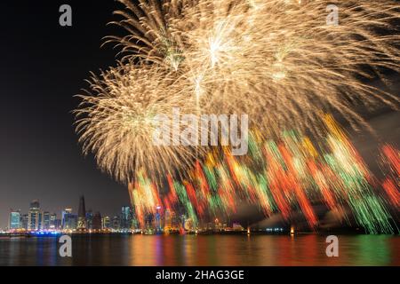 Beautiful fireworks in the Doha Corniche, Qatar. Stock Photo