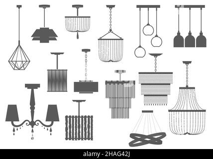 Classic and modern chandelier set. Lamps silhouette. Vector illustration. Stock Vector