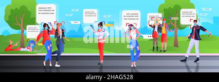 detection and identification people in masks using mobile chatting app in park facial recognition system AI analyze Stock Vector