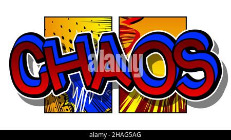 Chaos. Comic book word text on abstract comics background. Retro pop art style illustration. Stock Vector