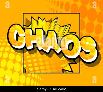 Chaos. Comic book word text on abstract comics background. Retro pop art style illustration. Stock Vector