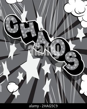 Chaos. Comic book word text on abstract comics background. Retro pop art style illustration. Stock Vector