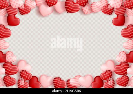 valentine background with many hearts transparent background. copy space area. vector illustration. red heart, white hearts, pink hearts Stock Vector