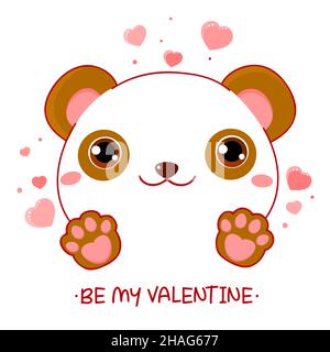 Cute Valentine card in kawaii style. Lovely little panda with pink hearts. Inscription Be my Valentine. Can be used for t-shirt print, stickers, greet Stock Vector