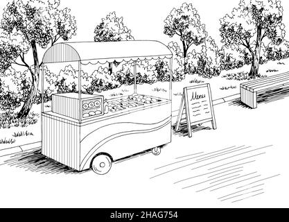 Street food cart graphic black white city landscape sketch illustration vector Stock Vector