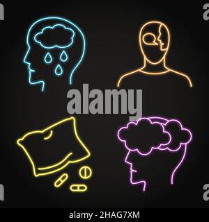 Neon mental disorders icon set in line style. Panic attack, anxiety ...