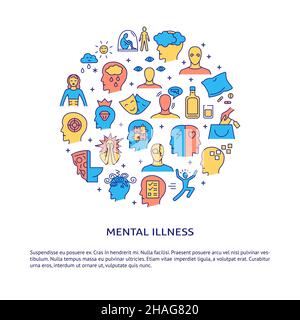 Mental disorders round banner in colored line style with text. Psychological problems and illnesses. Vector illustration. Stock Vector