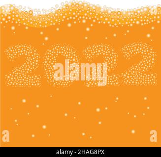 Happy New Year 2022 concept. Number created of bubbles inside orange liquid Stock Vector