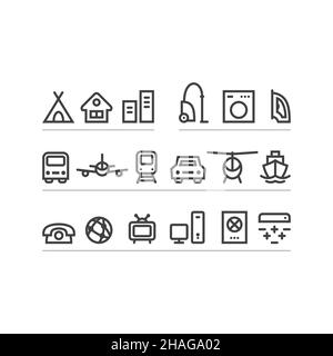Set of icons of transport, technology, housing and items. Graphic vector symbol. Stock Vector