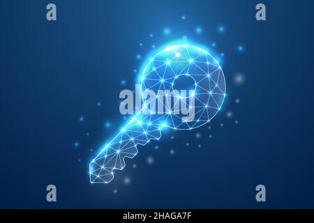 3d Key symbol with connected dots in blue low poly style. Security, secret, private design concept illustration. Key polygonal on blue background. Stock Vector