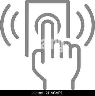 Hand presses the doorbell line icon. Ring the door bell symbol Stock Vector