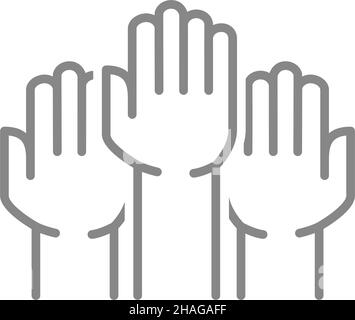 Three raised hands line icon. Unity and teamwork symbol Stock Vector