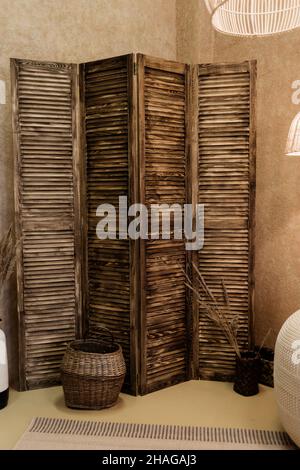 Rustic wooden screen in arabic room. Stock Photo