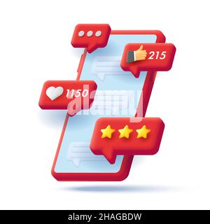3d render isometric illustration of a red smartphone with push notifications of likes and rating of stars, on blue messages screen, isometric modern g Stock Vector