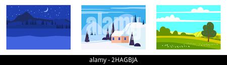 Set of seasons landscapes winter, spring, summer. Rural, mountaines, field, snow, hot, night. Vector minimalistic flat illustration Stock Vector