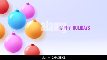 Colorful Christmas balls hanging from top with happy holidays placeholder on light gradient blue Stock Vector
