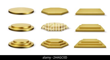 Round hexagonal and square gold stage collection isolated on white background. Vector illustration Stock Vector