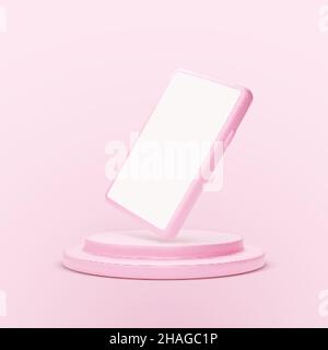 Pink smartphone on platform. 3d mobile phone template with empty screen. Pink studio background. Vector illustration Stock Vector