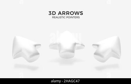 White arrow. 3D arrow set different direction. Volume computer pointer or cursor. Vector illustration Stock Vector
