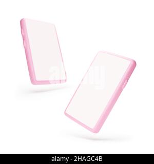 Smartphone mock up. Different angle of view to mobile phone. 3d pink template cellphone with transparent shadow. Vector illustration isolated on white Stock Vector