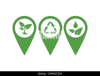 Eco location green map pin with leaf tree and recycling symbol set Stock Vector
