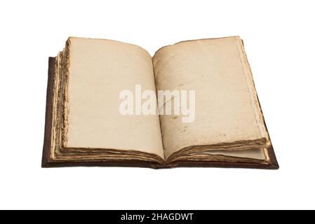 An open empty old notebook isolated on a white background. Copy space. Stock Photo