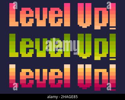 Level up! pixel art. Achievement in the game, leveling up. Text in 8-bit retro video game style from 80s - 90s. Design for printing, wrapping paper an Stock Vector