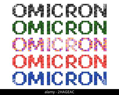 Omicron pixel lettering isolated on white background. Text in 80s and 90s video game 8-bit style. Design for banners, promotional items and prints. Ve Stock Vector