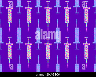 Seamless pattern with pixel syringes on a purple background. Syringes with vakina in the style of 8 bit graphics from the 80s and 90s. Design for prin Stock Vector