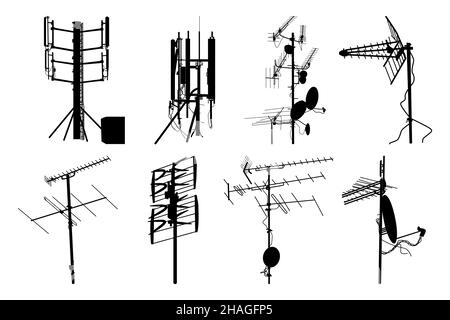 Television antenna icons set isolated on white background. Silhouettes of different television aerials. Tv antenna sign or symbol. Vector illustration Stock Vector