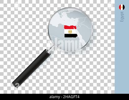 Egypt map with flag in magnifying glass on transparent background. Vector loupe with map. Stock Vector