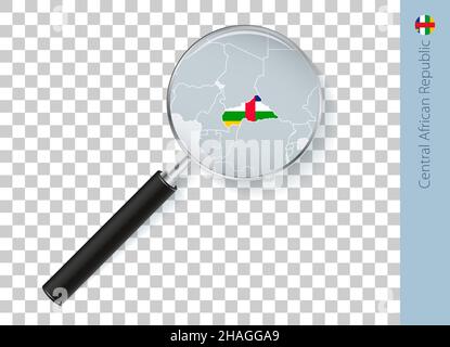 Central African Republic map with flag in magnifying glass on transparent background. Vector loupe with map. Stock Vector