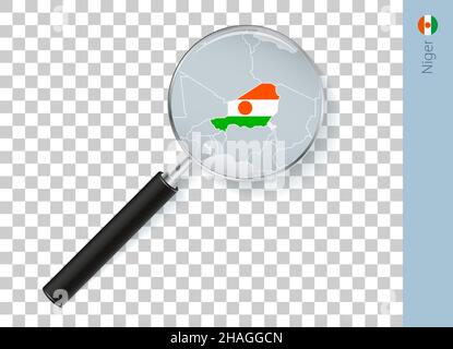 Niger map with flag in magnifying glass on transparent background. Vector loupe with map. Stock Vector