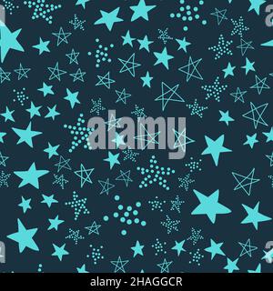 Seamless pattern, chaotically scattered stars, blue cyan design vector illustration with star element Stock Vector