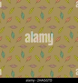 Seamless pattern colored hand drawn leaf foliage on green khaki background for textile wallpaper, packaging design and interior decoration Stock Vector