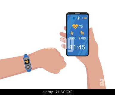 Fitness bracelet connected to mobile phone. Smartband on hand and smartphone application showing indicators of pulse, steps and calories on display. V Stock Vector
