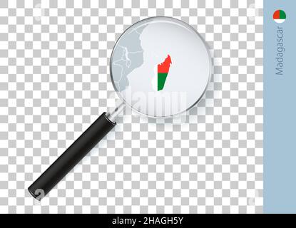 Madagascar map with flag in magnifying glass on transparent background. Vector loupe with map. Stock Vector