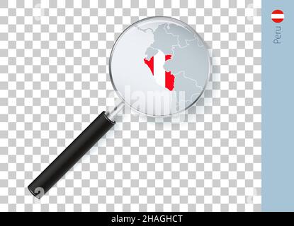Peru map with flag in magnifying glass on transparent background. Vector loupe with map. Stock Vector