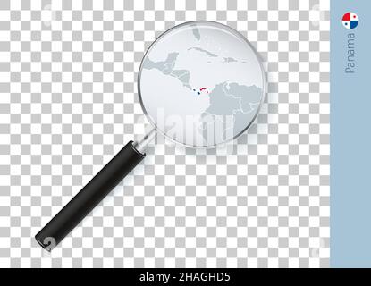 Panama map with flag in magnifying glass on transparent background. Vector loupe with map. Stock Vector