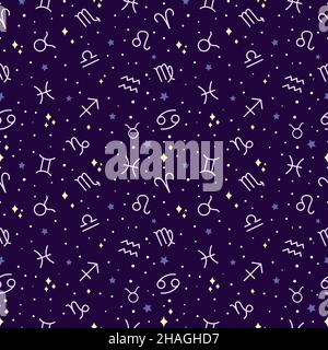 Zodiac symbols pattern. Vector seamless dark background for textile, wallpaper. Zodiac signs and stars. Stock Vector