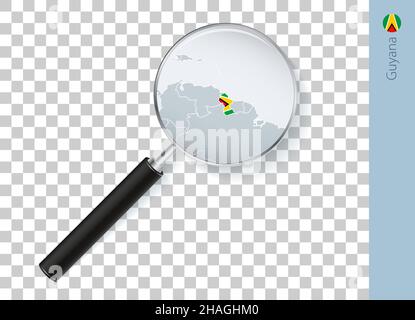 Guyana map with flag in magnifying glass on transparent background. Vector loupe with map. Stock Vector