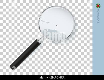 Dominica map with flag in magnifying glass on transparent background. Vector loupe with map. Stock Vector