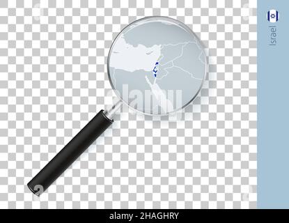 Israel map with flag in magnifying glass on transparent background. Vector loupe with map. Stock Vector