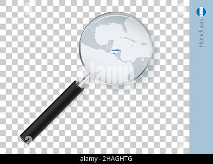 Honduras map with flag in magnifying glass on transparent background. Vector loupe with map. Stock Vector