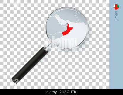 Oman map with flag in magnifying glass on transparent background. Vector loupe with map. Stock Vector