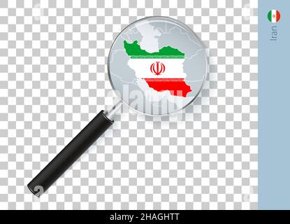 Iran map with flag in magnifying glass on transparent background. Vector loupe with map. Stock Vector