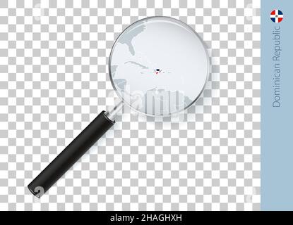 Dominican Republic map with flag in magnifying glass on transparent background. Vector loupe with map. Stock Vector